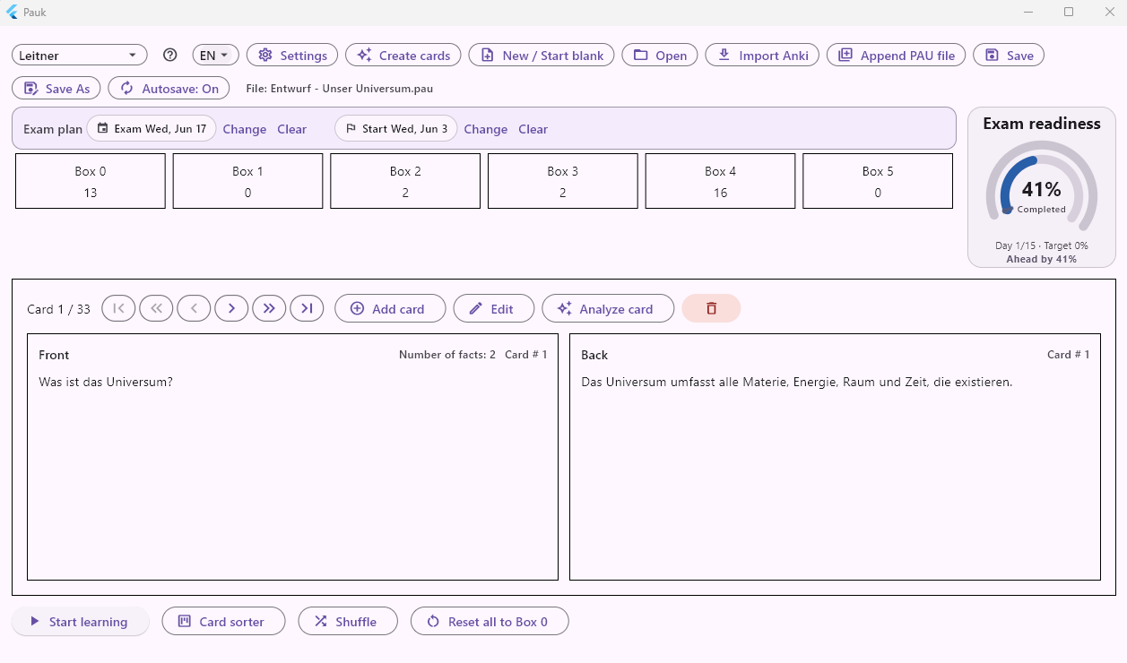 Pauk Desktop-App mit Pruefungsplan, Lernkartenansicht und Pruefungsbereitschaftsanzeige